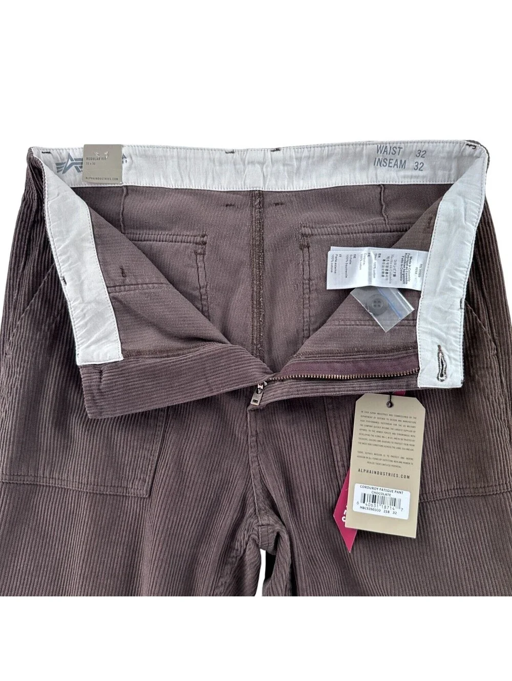 NEW Alpha Industries Corduroy Fatigue Pant Chocolate 32/32 Regular Fit Low Waist